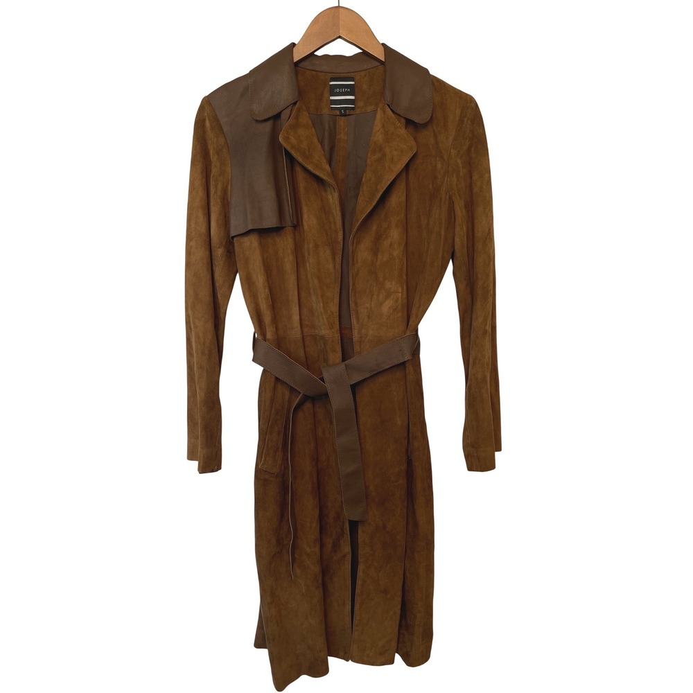 Joseph Suede Leather Trench Coat S Brown Belted Italy Designer Luxury FLAW READ*